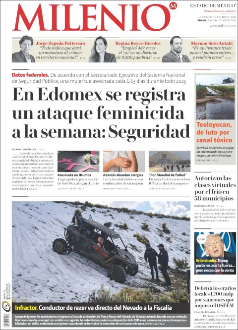 Portada de Milenio Edo de Mexico del jueves, 22 de enero de 2026