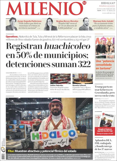 Portada de Milenio Hidalgo del jueves, 22 de enero de 2026