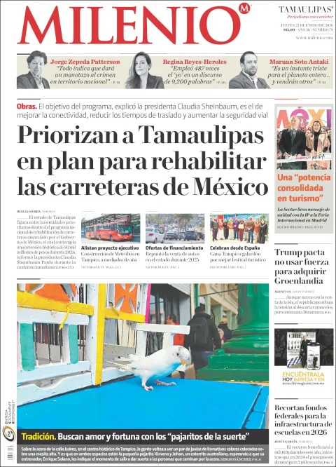 Portada de Milenio Tamaulipas del jueves, 22 de enero de 2026