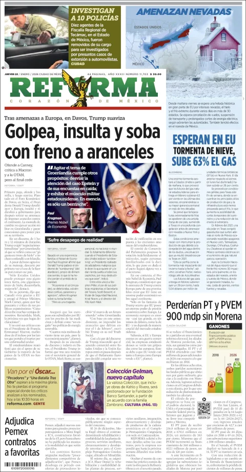 Portada de Reforma del jueves, 22 de enero de 2026