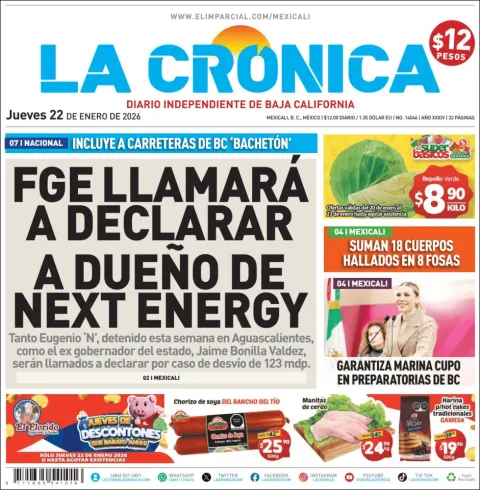 Portada de La Cronica del jueves, 22 de enero de 2026