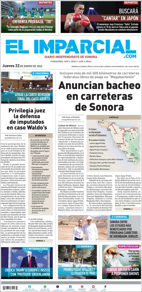 Portada de El Imparcial del jueves, 22 de enero de 2026