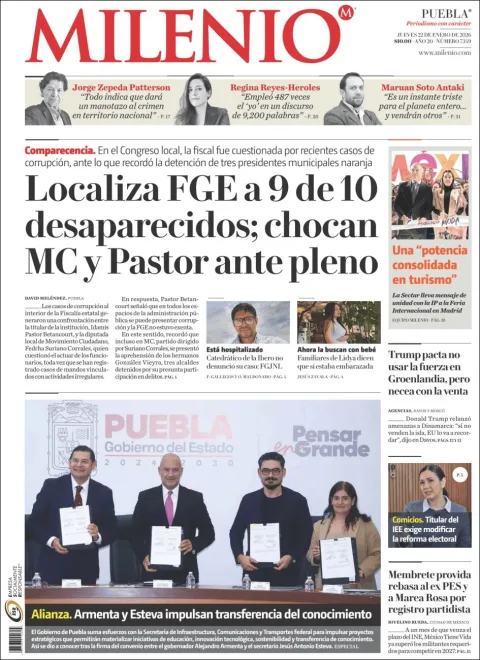Portada de Milenio Puebla del jueves, 22 de enero de 2026