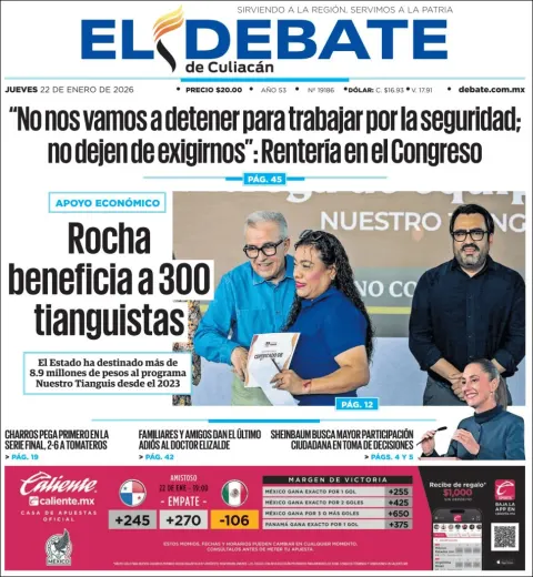 Portada de El Debate de Culiacan del jueves, 22 de enero de 2026