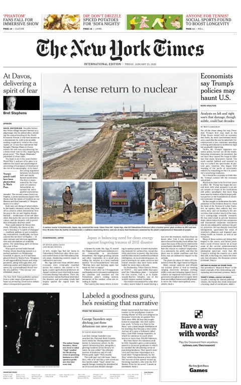 Portada de The New York Times (international) del viernes, 23 de enero de 2026