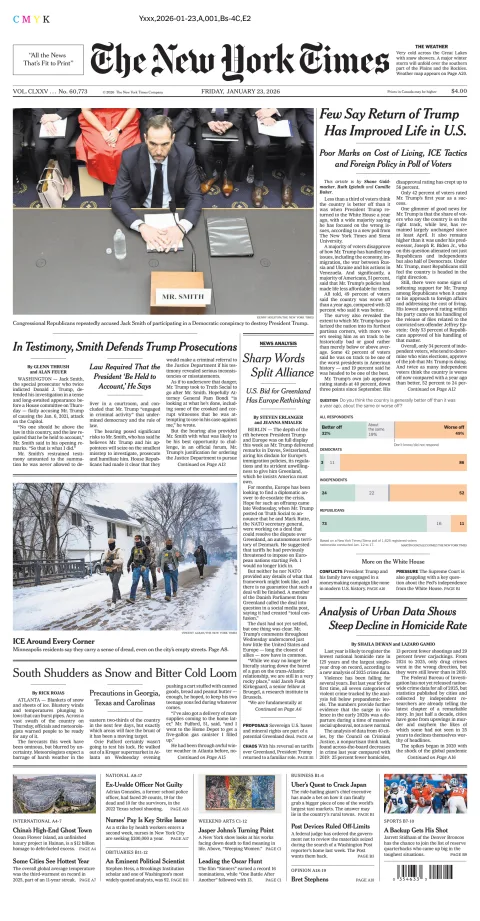 Portada de The New York Times (national) del viernes, 23 de enero de 2026