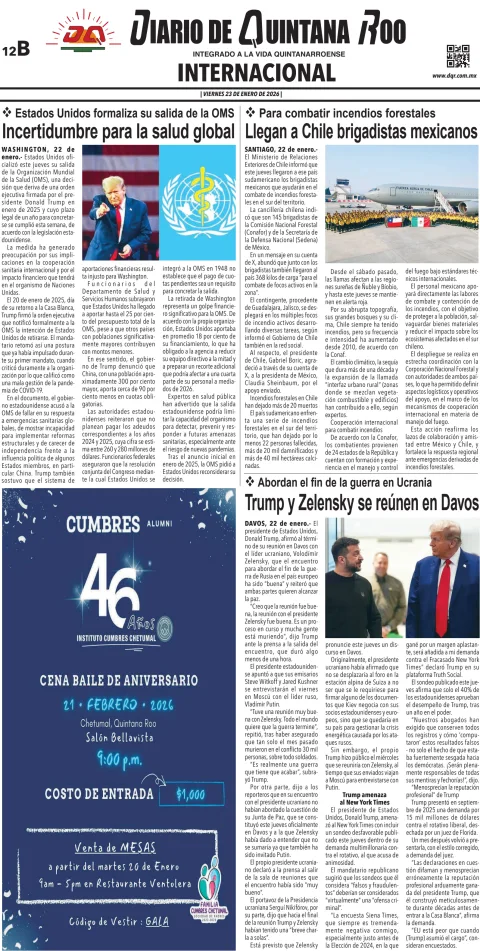 Portada de Diario de Quintana Roo (contra Portada) del viernes, 23 de enero de 2026
