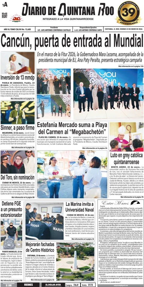 Portada de Diario de Quintana Roo (portada) del viernes, 23 de enero de 2026