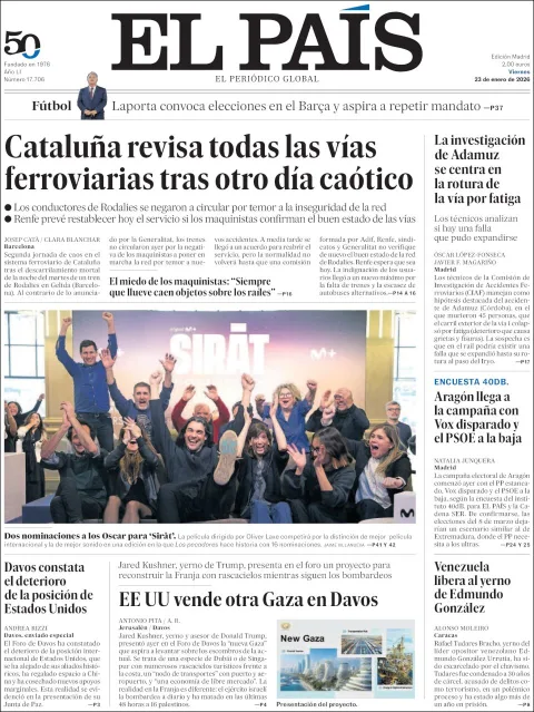 Portada de El Pais del viernes, 23 de enero de 2026