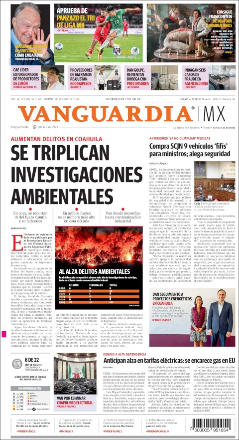 Portada de Vanguardia del viernes, 23 de enero de 2026