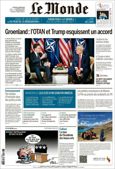 Portada de Le Monde del viernes, 23 de enero de 2026