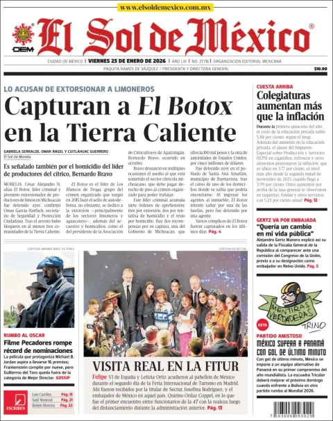 Portada de El Sol de Mexico del viernes, 23 de enero de 2026
