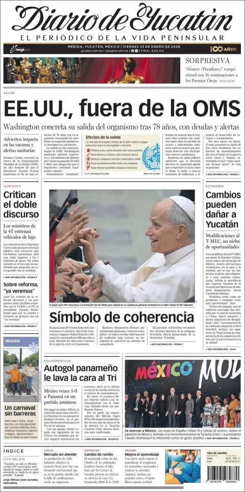 Portada de Diario de Yucatán del viernes, 23 de enero de 2026