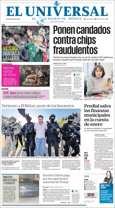 Portada de El Universal del viernes, 23 de enero de 2026