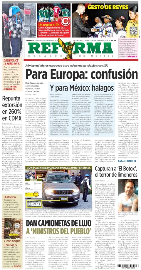 Portada de Reforma del viernes, 23 de enero de 2026