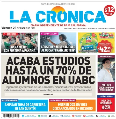 Portada de La Cronica del viernes, 23 de enero de 2026
