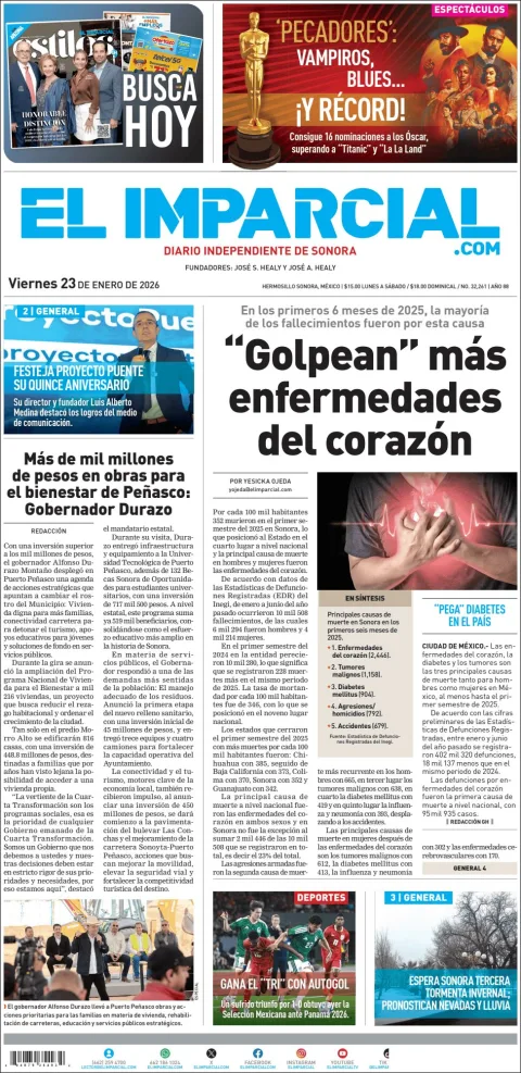 Portada de El Imparcial del viernes, 23 de enero de 2026