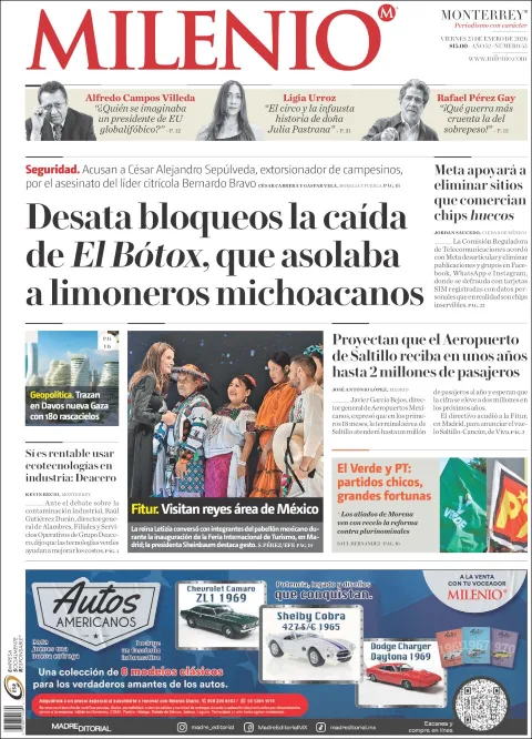 Portada de Milenio del viernes, 23 de enero de 2026