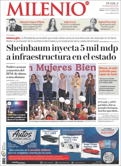 Portada de Milenio Puebla del viernes, 23 de enero de 2026