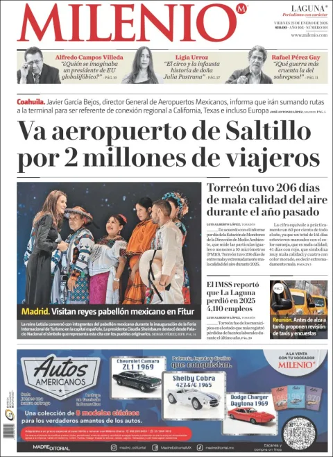 Portada de Milenio Laguna del viernes, 23 de enero de 2026