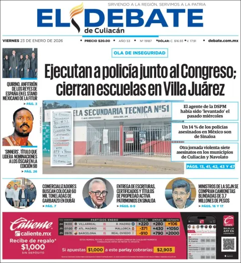 Portada de El Debate de Culiacan del viernes, 23 de enero de 2026