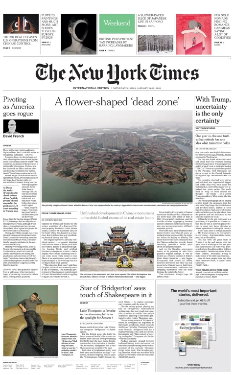 Portada de The New York Times (international) del sábado, 24 de enero de 2026