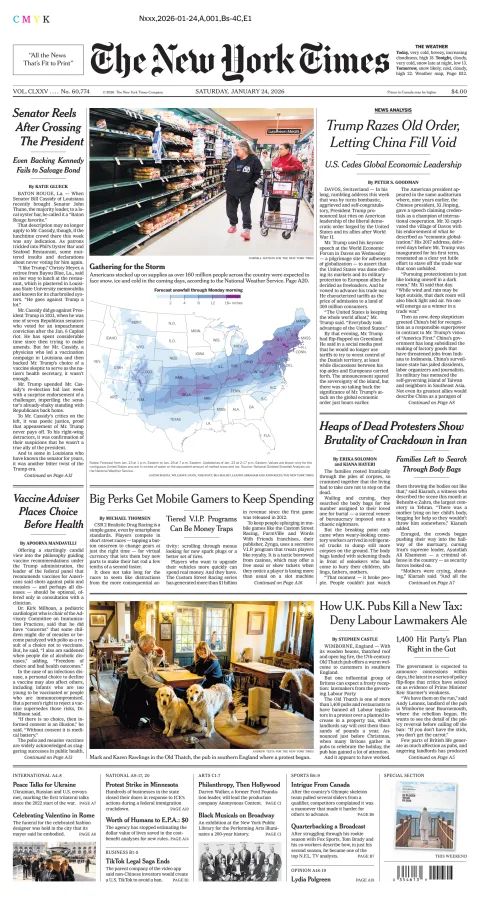 Portada de The New York Times (new York) del sábado, 24 de enero de 2026