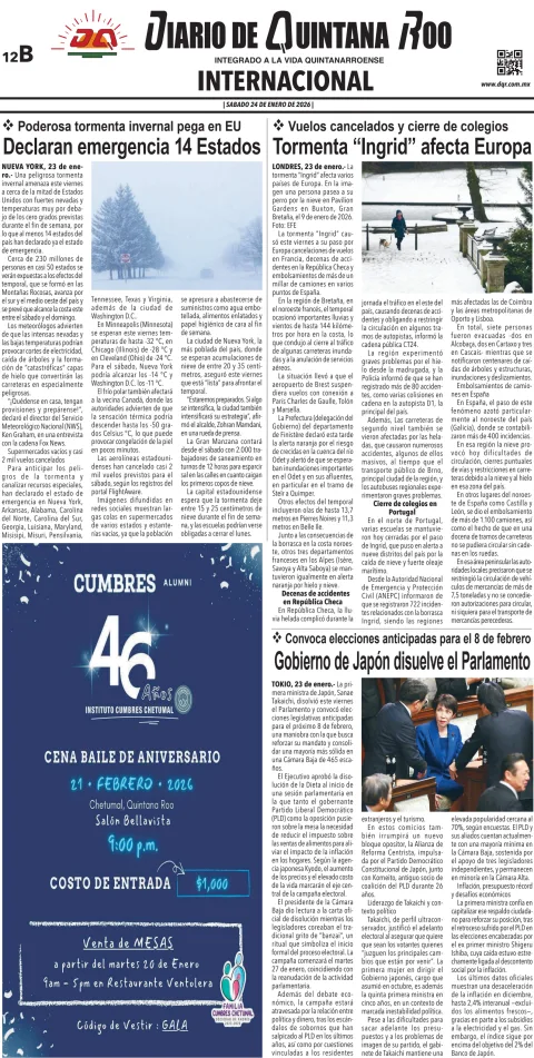 Portada de Diario de Quintana Roo (contra Portada) del sábado, 24 de enero de 2026