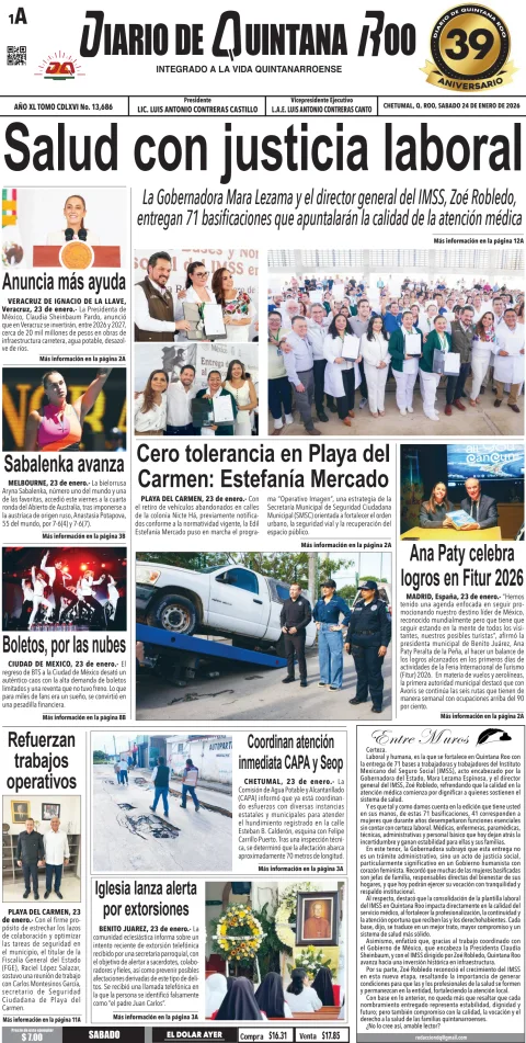 Portada de Diario de Quintana Roo (portada) del sábado, 24 de enero de 2026