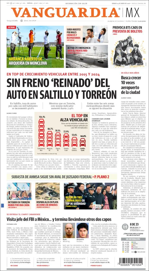Portada de Vanguardia del sábado, 24 de enero de 2026
