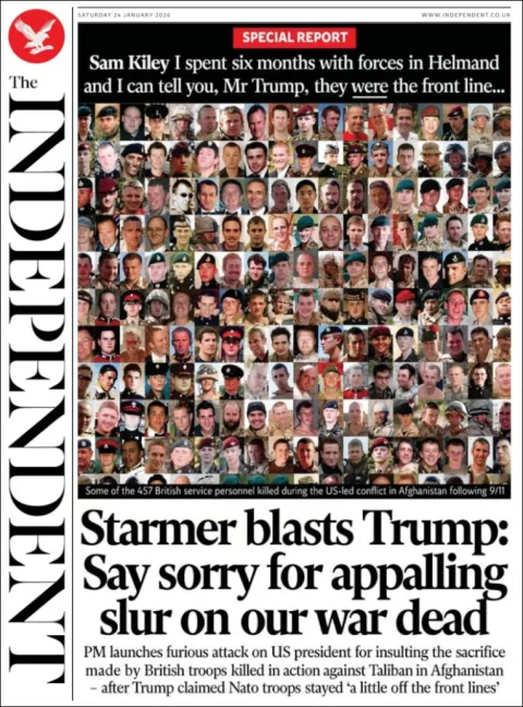 Portada de The Independent del sábado, 24 de enero de 2026