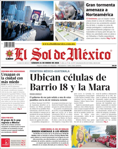 Portada de El Sol de Mexico del sábado, 24 de enero de 2026