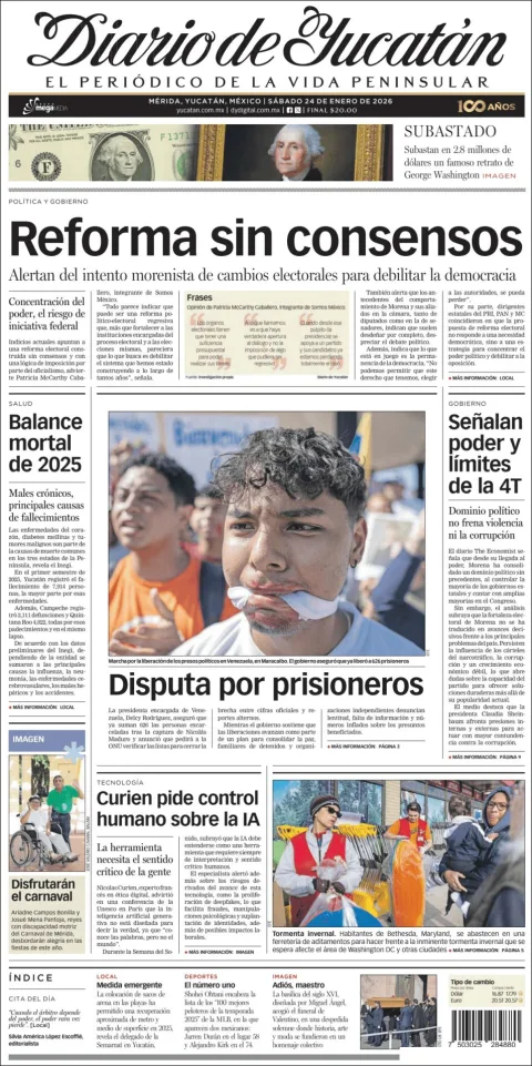Portada de Diario de Yucatán del sábado, 24 de enero de 2026