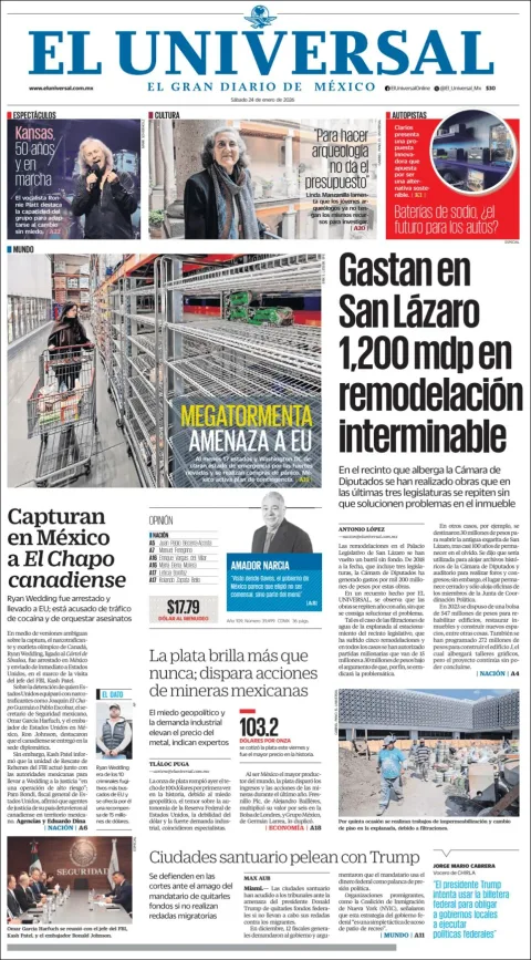 Portada de El Universal del sábado, 24 de enero de 2026