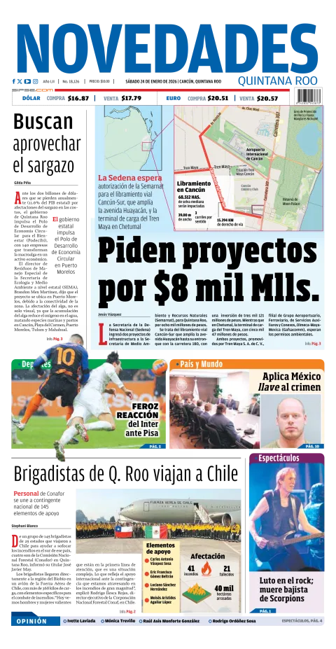 Portada de Novedades Quintana Roo del sábado, 24 de enero de 2026