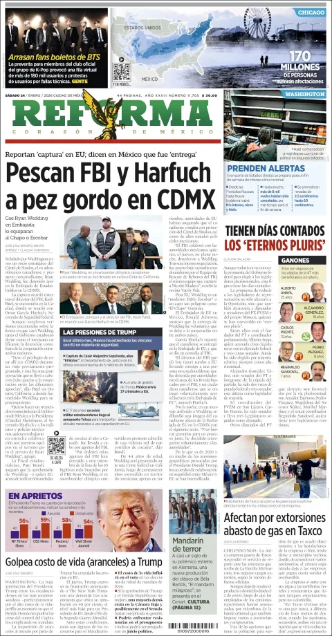 Portada de Reforma del sábado, 24 de enero de 2026