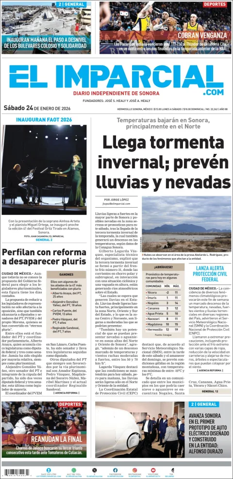 Portada de El Imparcial del sábado, 24 de enero de 2026
