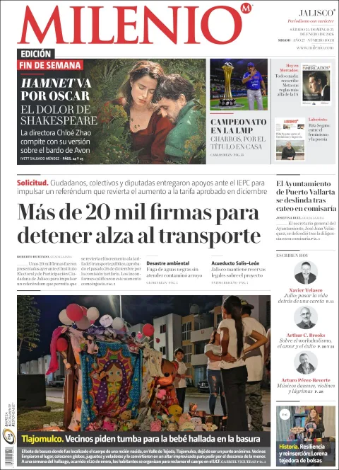 Portada de Milenio Jalisco del sábado, 24 de enero de 2026
