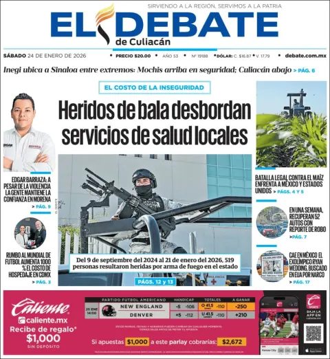 Portada de El Debate de Culiacan del sábado, 24 de enero de 2026