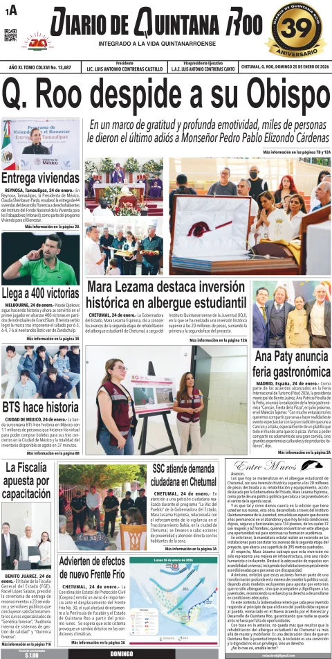 Portada de Diario de Quintana Roo (portada) del domingo, 25 de enero de 2026