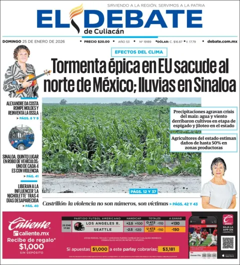 Portada de El Debate de Culiacan del domingo, 25 de enero de 2026