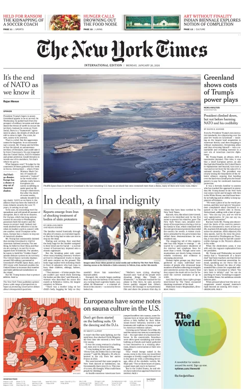 Portada de The New York Times (international) del lunes, 26 de enero de 2026