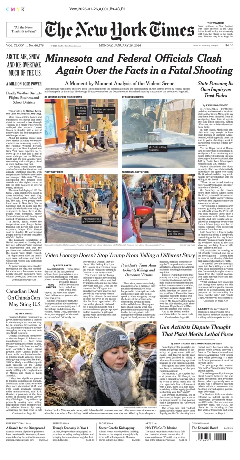 Portada de The New York Times (national) del lunes, 26 de enero de 2026