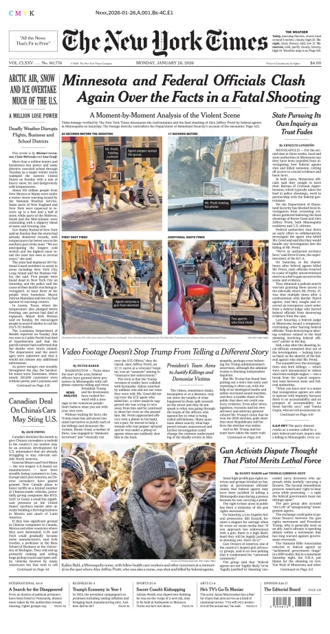 Portada de The New York Times (new York) del lunes, 26 de enero de 2026