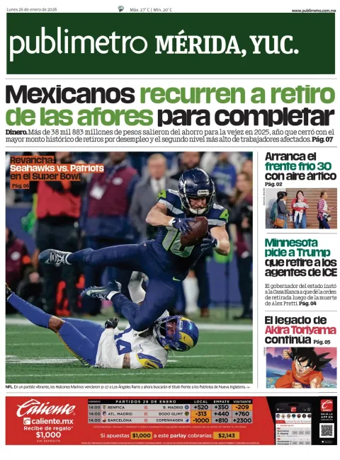 Portada de Publimetro Merida del lunes, 26 de enero de 2026