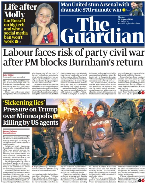 Portada de The Guardian (reino Unido) del lunes, 26 de enero de 2026