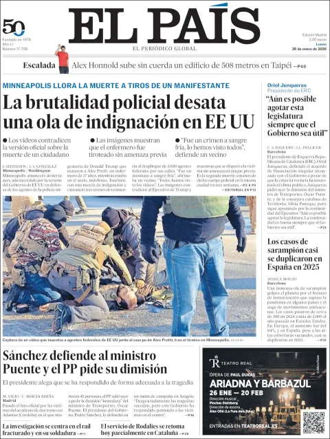 Portada de El Pais del lunes, 26 de enero de 2026