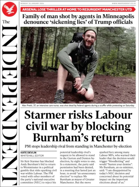 Portada de The Independent del lunes, 26 de enero de 2026