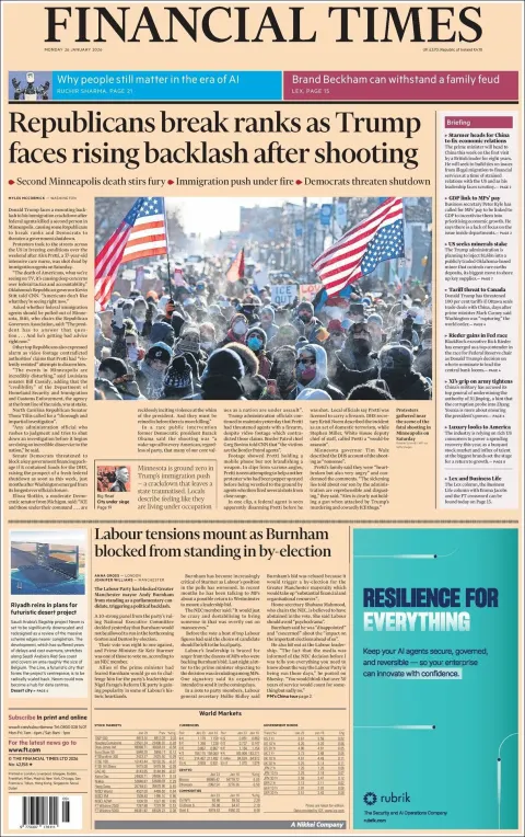 Portada de Financial Times del lunes, 26 de enero de 2026