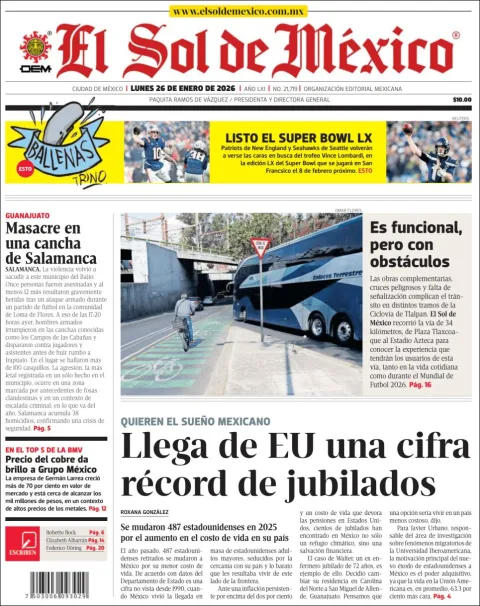 Portada de El Sol de Mexico del lunes, 26 de enero de 2026